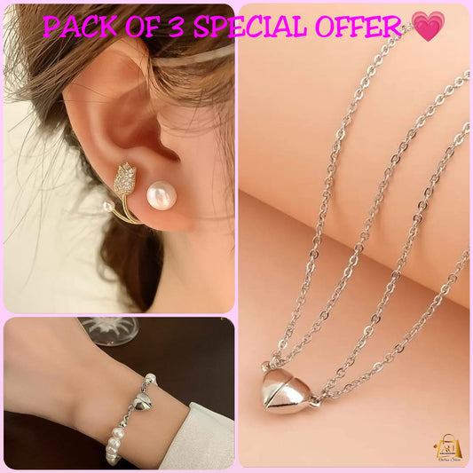 PACK OF 3 SPECIAL OFFERS 😍 Flower Pearl Earrings + Magnetic Bracelet + Ladies Double Chain Locket ✅